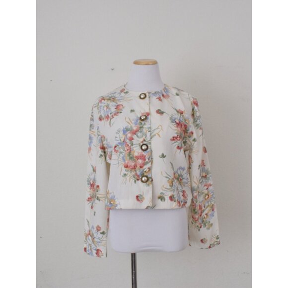 Vintage 90s Floral  Poly/Rayon Boxy Fit Long Sleeves‎ Crop Shirt size Large - Picture 9 of 10
